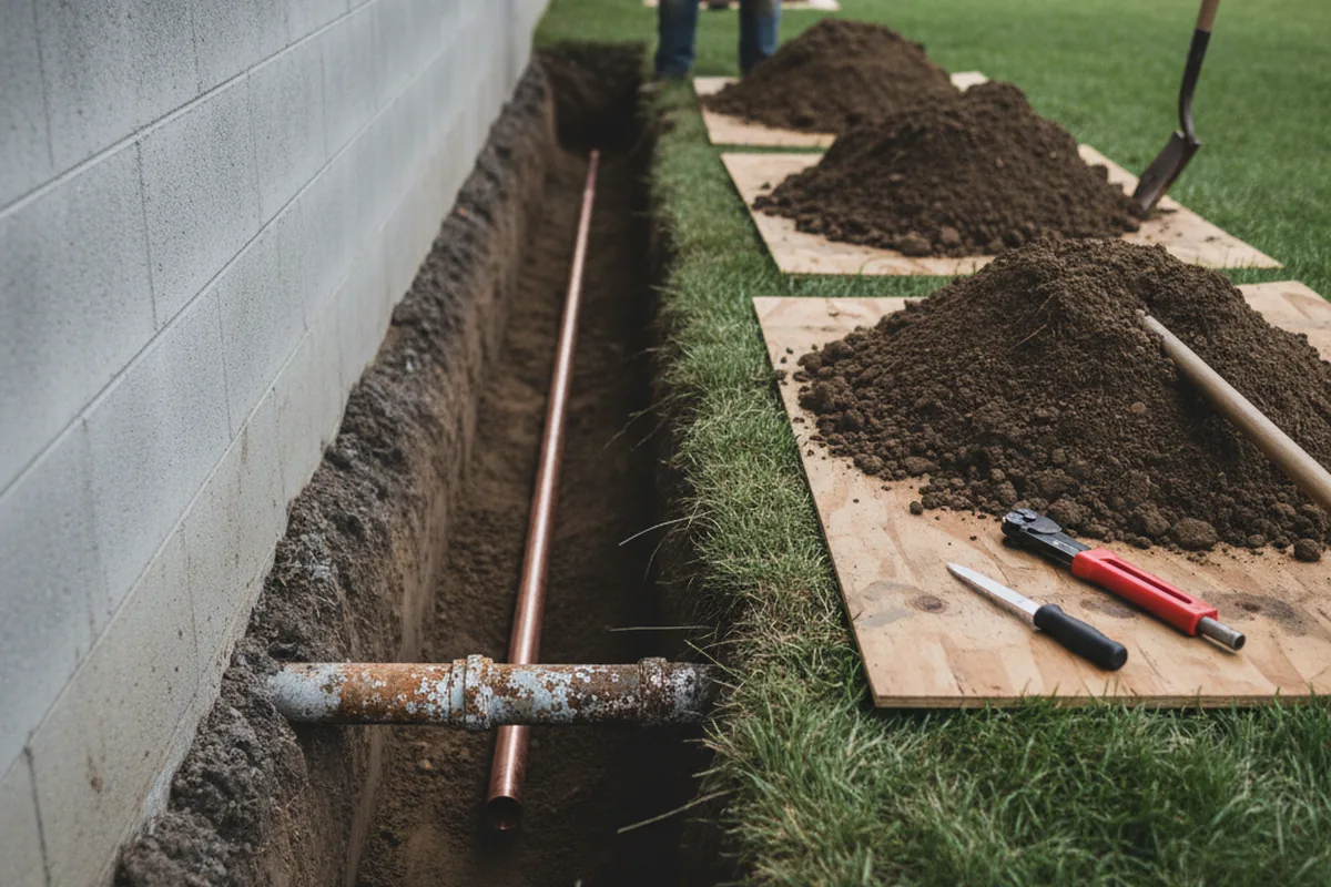 Excavated water line trench during Water Softener Installation in Cibolo